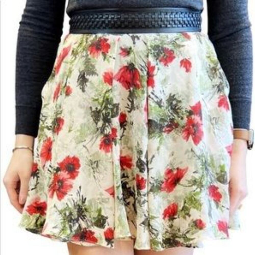 Silk Floral Leather Belt Skater Skirt Sz Lg Pockets Fairy Twilight Whimsy Light
